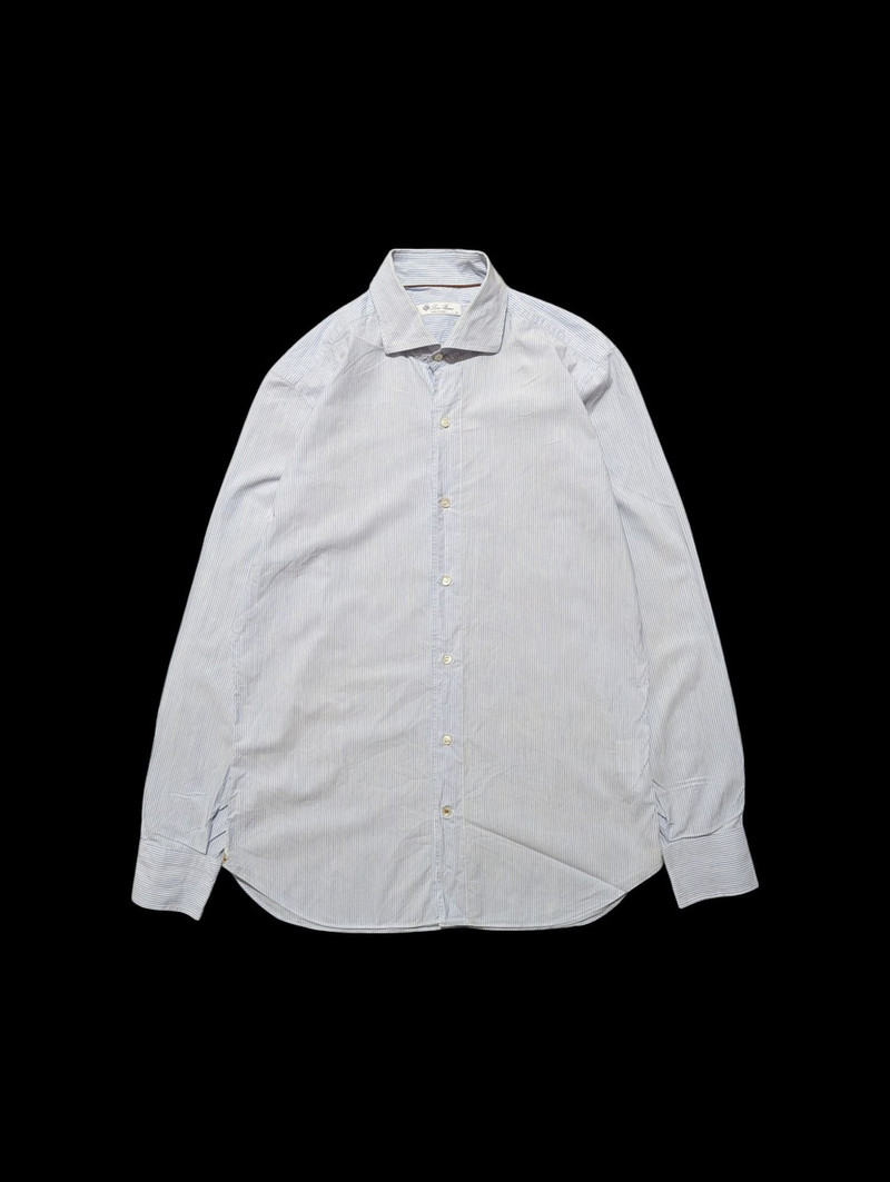 Loro Piana Shirt Button Up White Blue Stripped Cotton 40 - 1