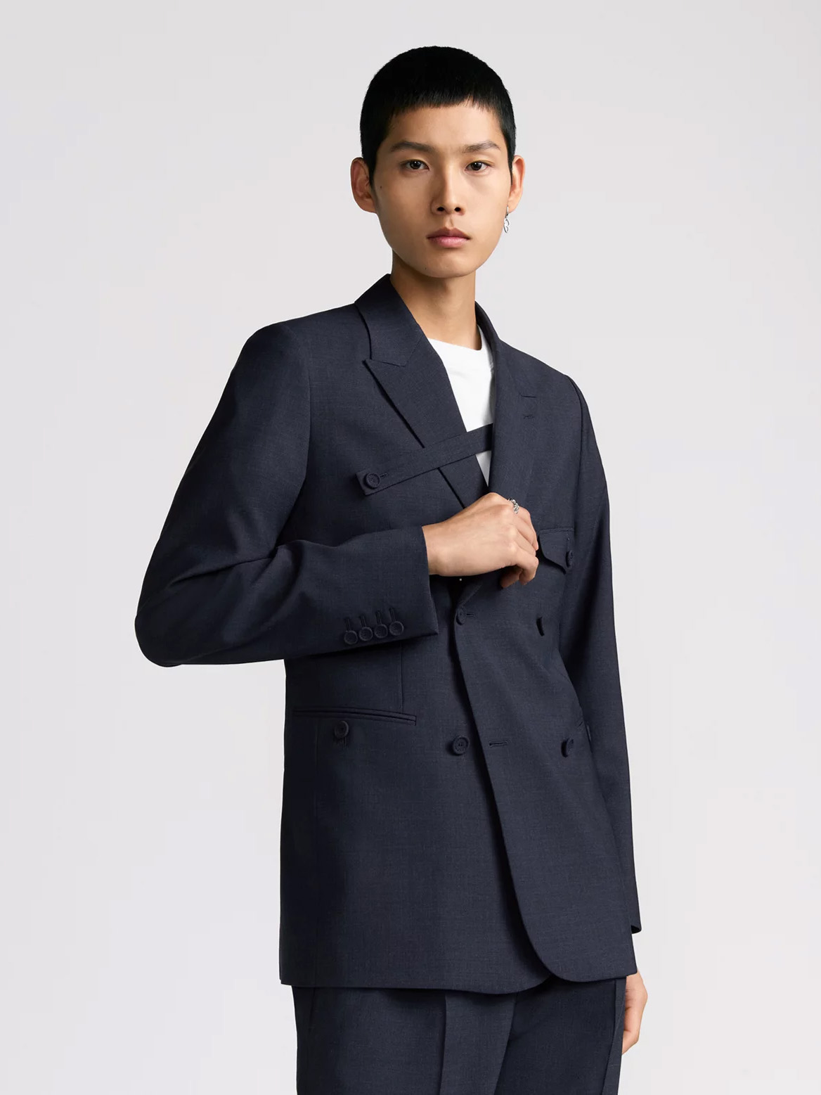 【Dior】SULLEN 深水光太 double breasted jacket Double-Breasted Jacket with Buttoned Strap Navy Blue Virgin
