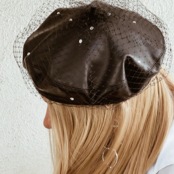 Eugenia Kim Carter Leather Beret Hat in Black with Birdcage Veil - 3