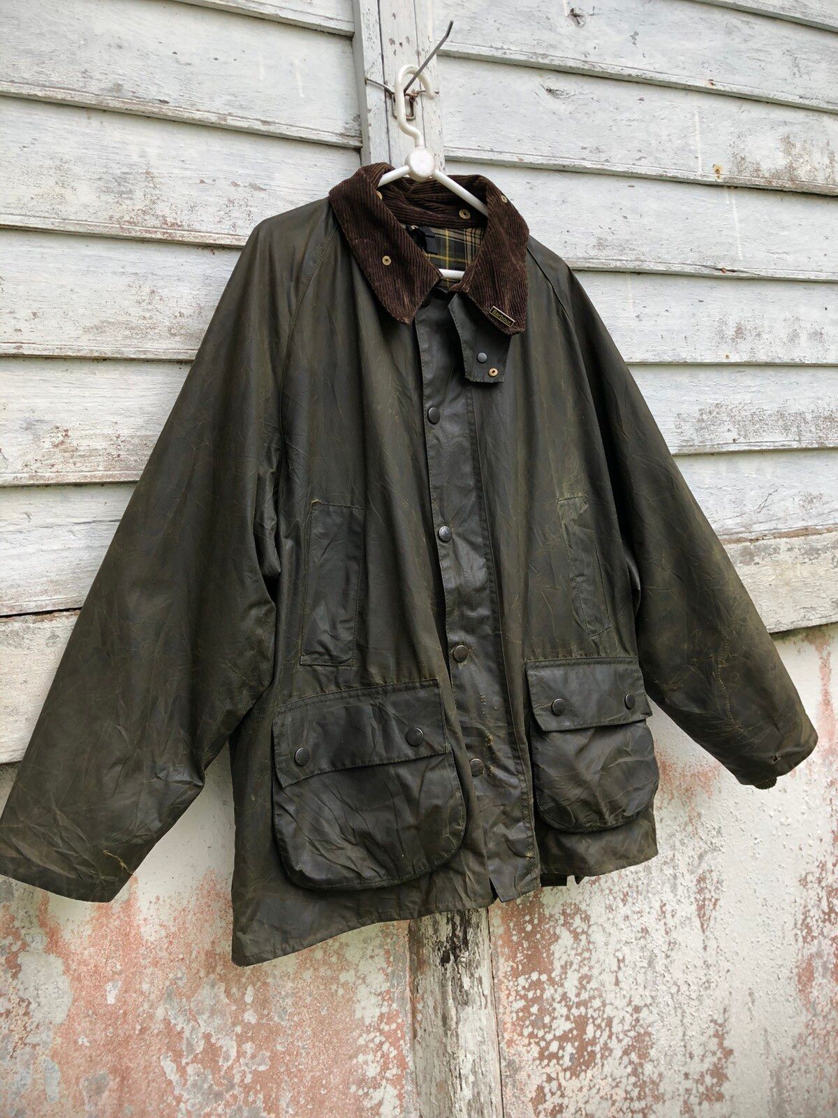 Distressed Barbour Bedale Olive Waxed Coat Size C46/117cm - 3