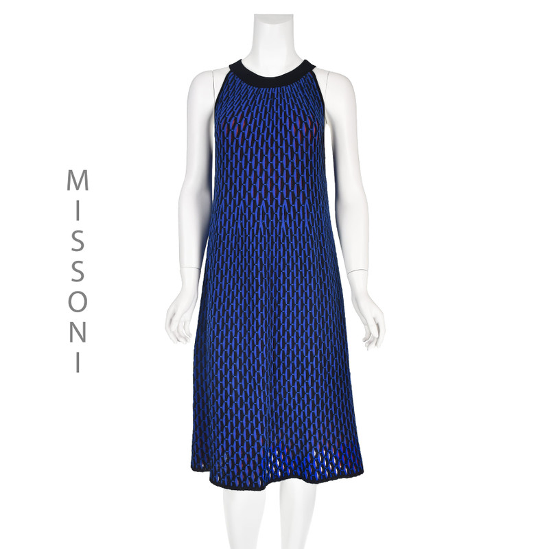 M MISSONI Vintage Blue, Black & Pink Knit Halter Dress  - 1