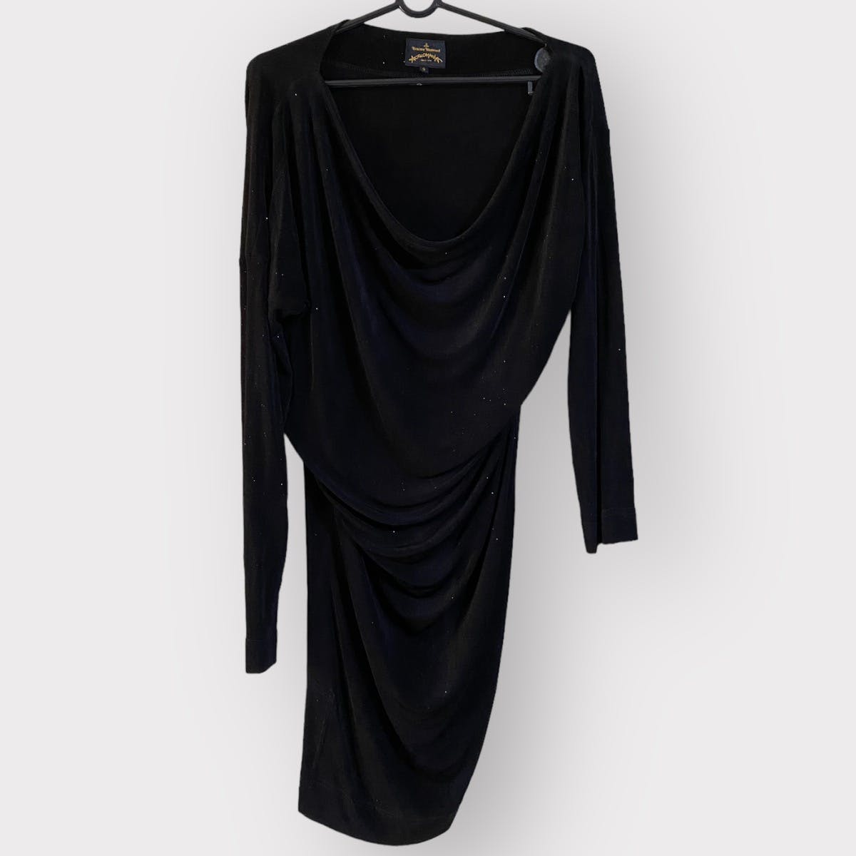 Black Glitter Cowl Collar Asymmetric Drape Dress - 3