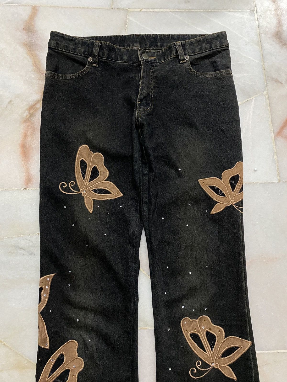 💥Flare💥90s Japanese 3D Embroidery Butterfly Distress jean - 3