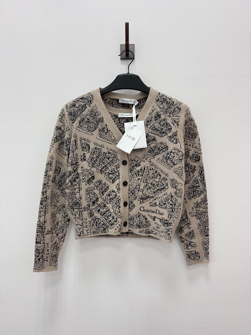 Dior FW23 Paris Map Beige Wool Cable Knit V-Neck Long Sleeve Cardigan - 1