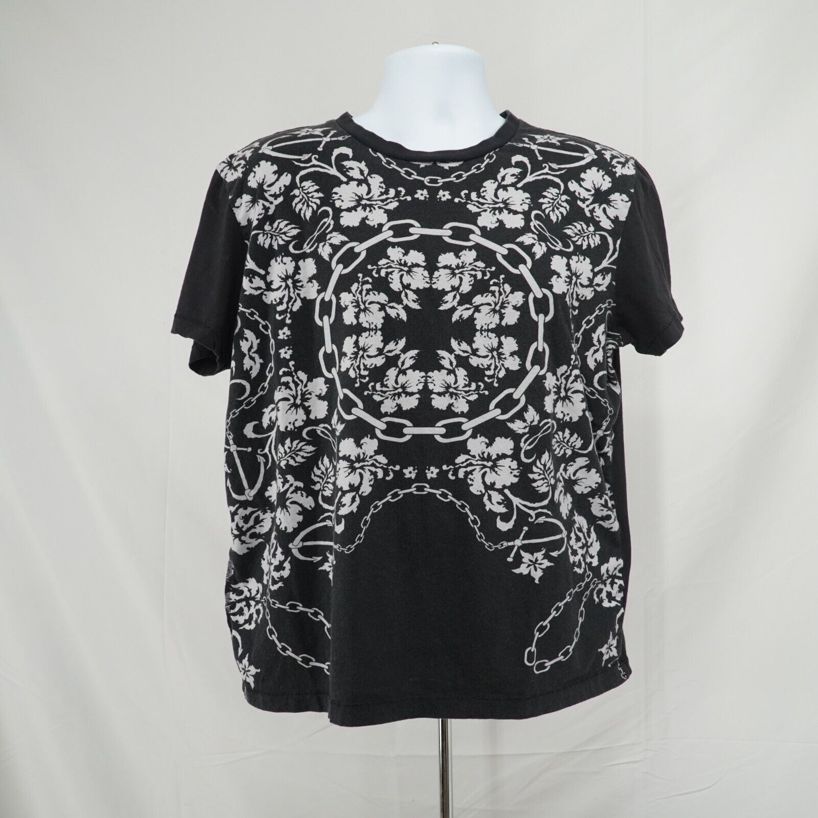Black White Printed Shirt Floral Chains Anchor Hawaiian Tee - 16