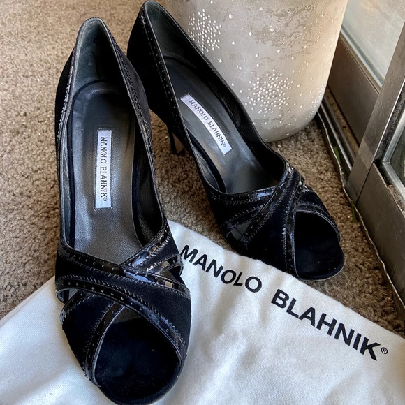 Manolo Blahnik Black Suede Leather Trim Peep Toe Heels Pumps 9 - 2