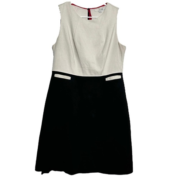 Boden Colorblock Dress A Line Cotton Round Neck Pleated Pockets White Black 10R - 1