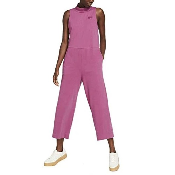 Nike Sportswear Jersey Jumpsuit Crop Wide Leg Mock Neck Embroidered Logo Pink S - 1