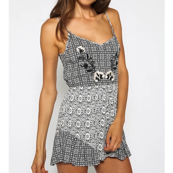 Reverse - Black + White Boho Print Embroidered Romper - 1