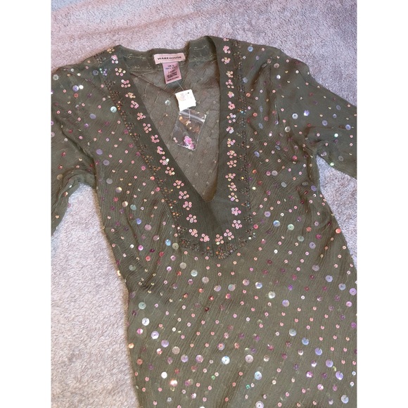 Warehouse Olive Silk + Sequin Coverup Tunic - 7