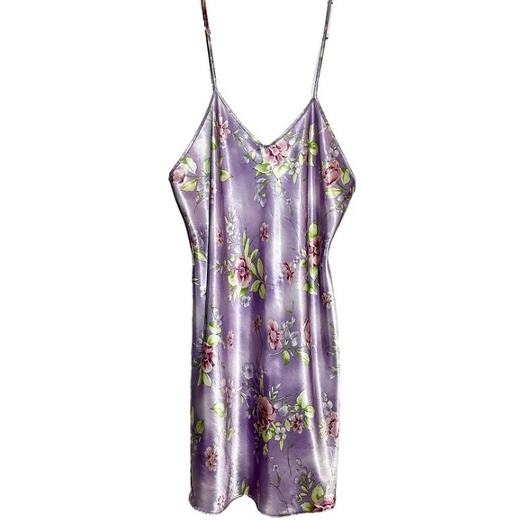 VTG Dentelle Chemise Nightgown Dress Spaghetti Strap Round Hem Floral Purple M - 1