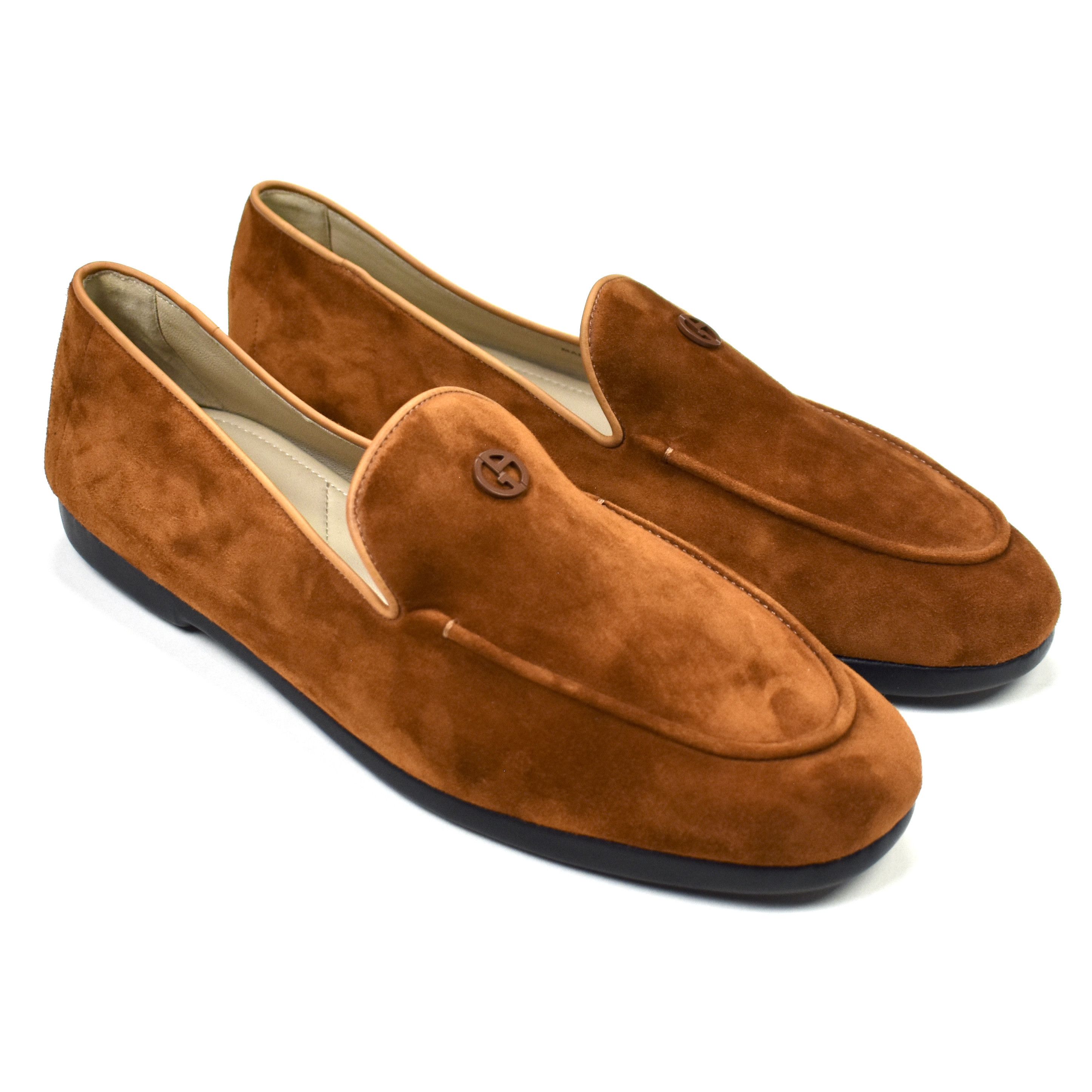 Giorgio Armani Brown Calf Suede Logo Slippers / Loafers - 1