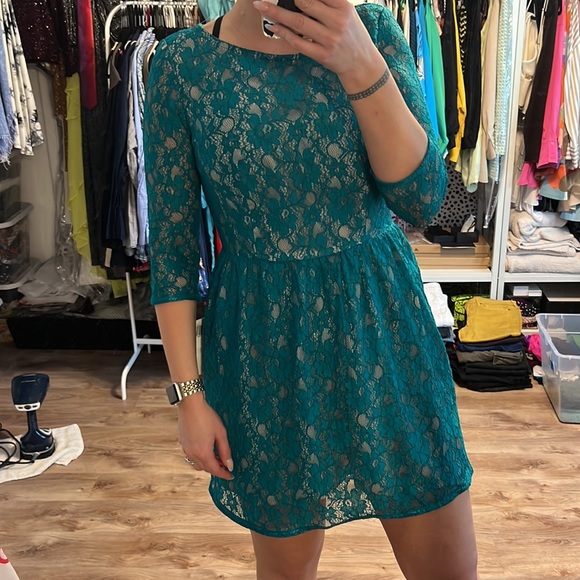 French Connection Lizzie Teal Lace 3/4 Sleeve Dress - 8