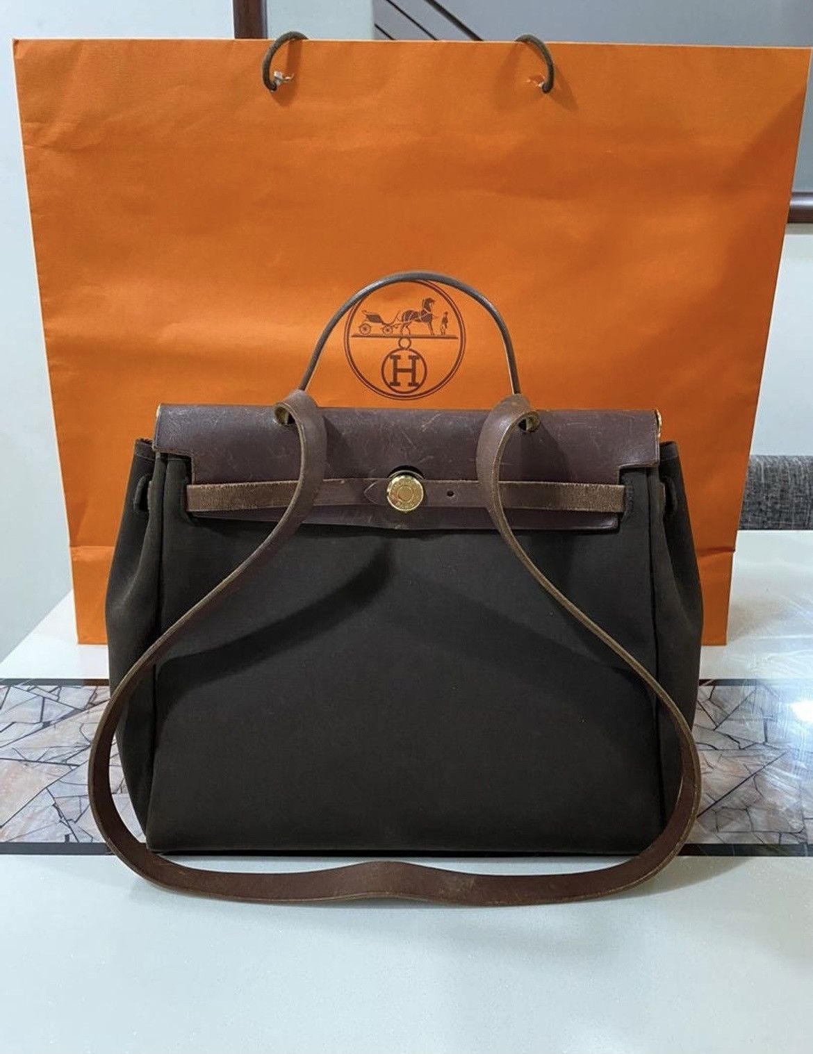 Authentic HERMES canvas & natural calfskin leather 2 way bag - 1