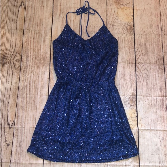 Honey Punch Royal Blue Sequin Halter Dress - 6