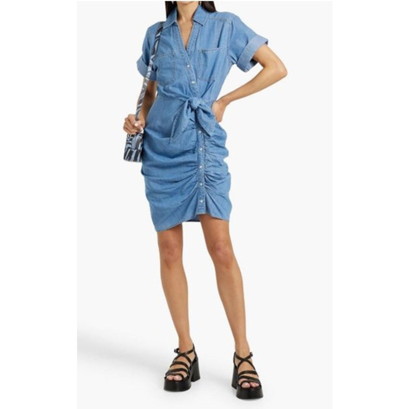 NWT Veronica Beard Blue Hensley Ruched Cotton Mini Shirt Dress Sz 0 - 1