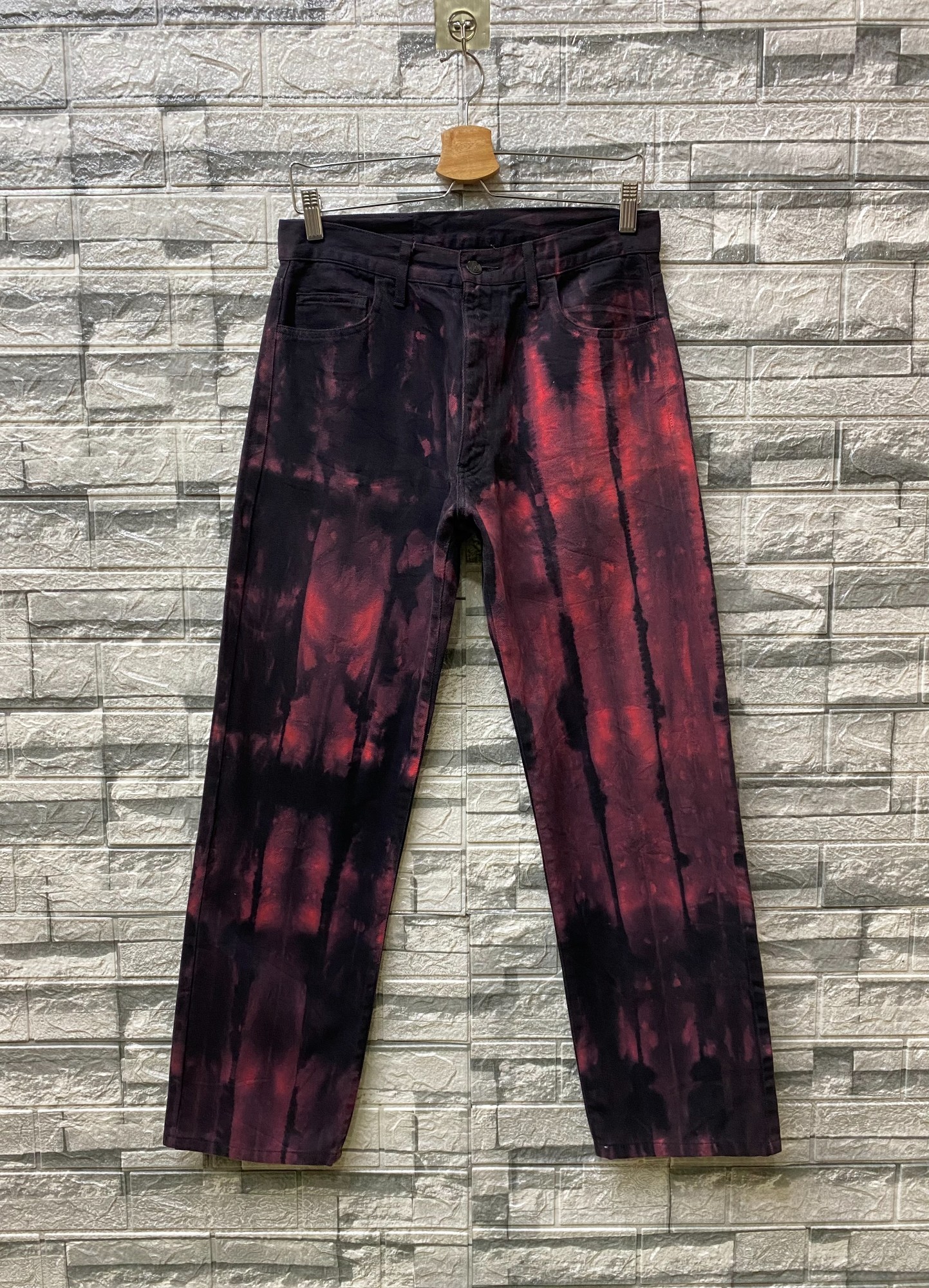 Insane crazy jean made from japan Acoustic perfect bleached fire-flames wash jean straight cut - 3