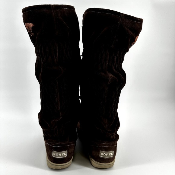 Sorel Firenzy Snow Boots Knee High Suede Waterproof Argyle Tie Brown 7.5 - 6