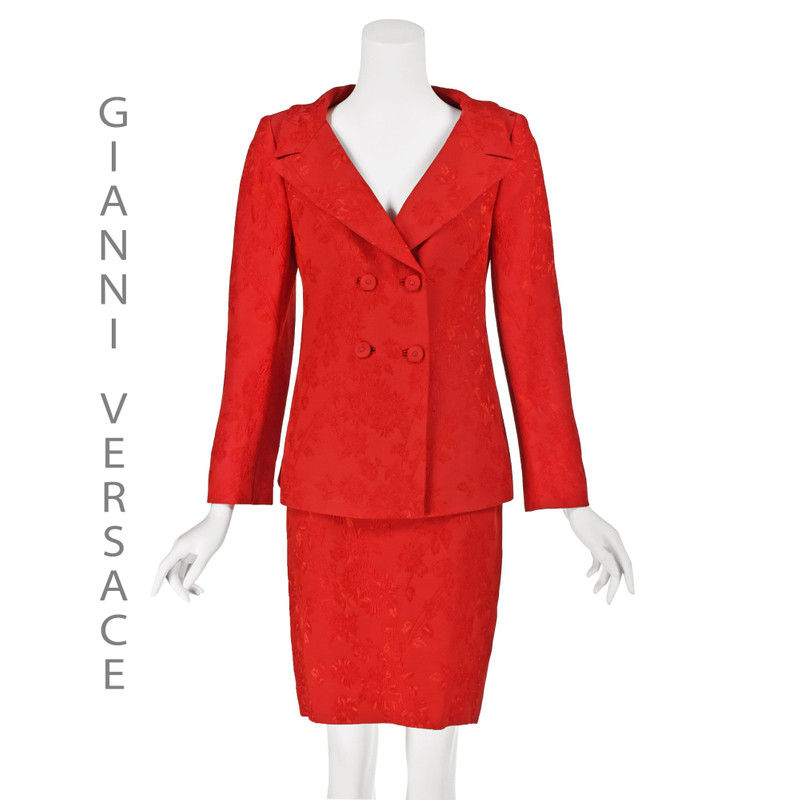 Gianni Versace Couture Late 1980s Red Silk Jacquard Skirt Suit w/Medusa Buttons - 1