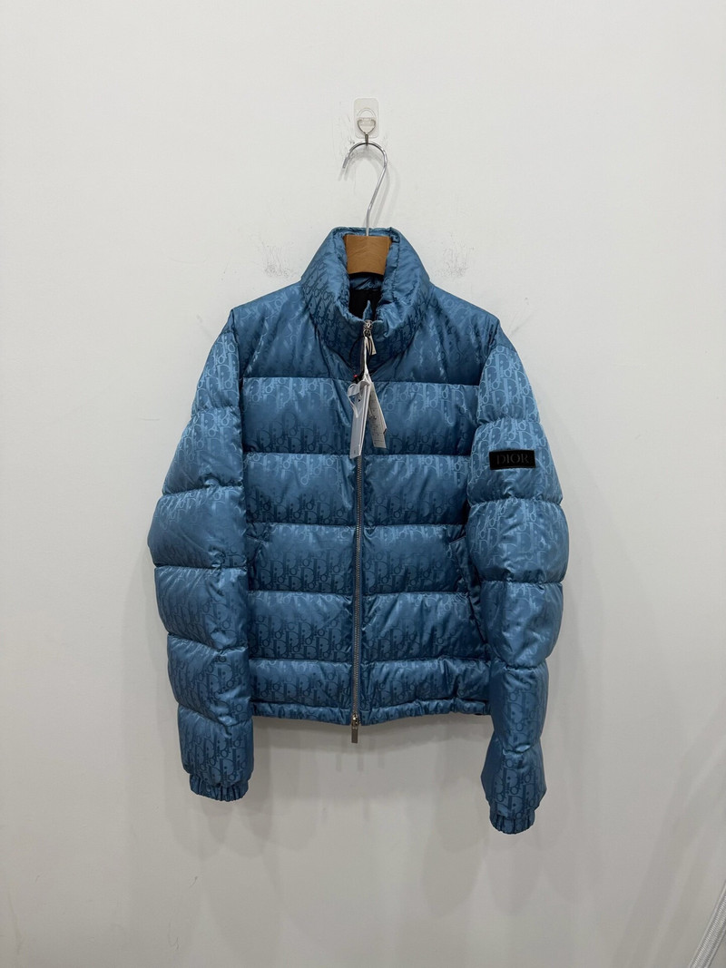 Dior Blue All-Over Letter Logo Hooded Zip-Up Down Jacket - 1