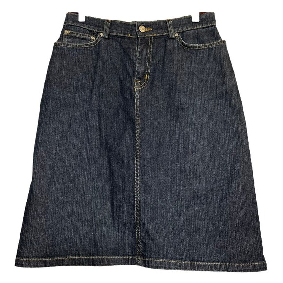 Lacoste Straight Denim Skirt Dark Wash Stitch Detail High Rise Knee Length 36 S - 2