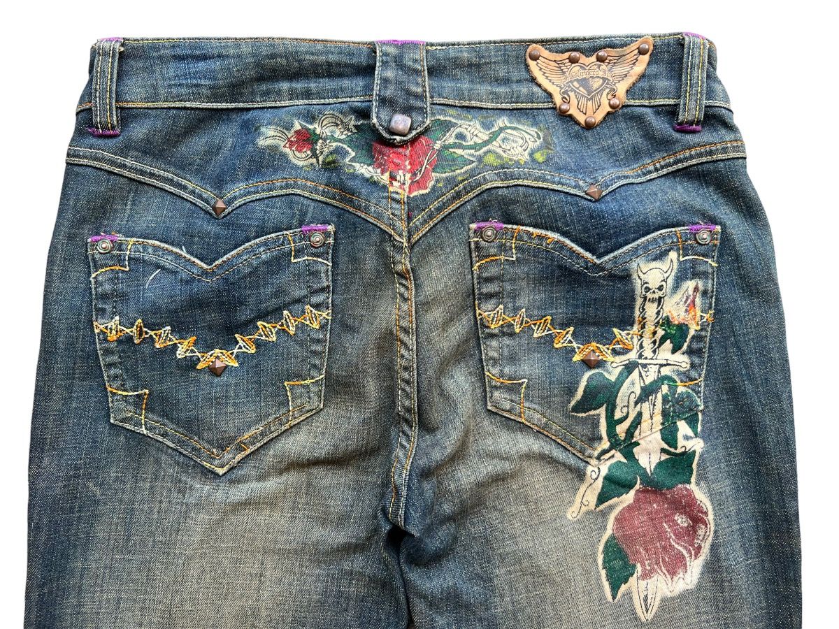 Archival Clothing - Vintage Gotchic Bones Mudwash Punk Flare Denim Jeans 28x33 - 9