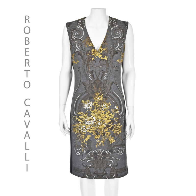 Gray Wool Sleeveless Sheath Dress with Gold Floral Print  - 1