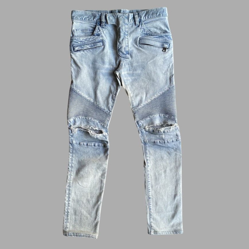 SS15 Light Blue Biker Stretch Denim Jeans - 1
