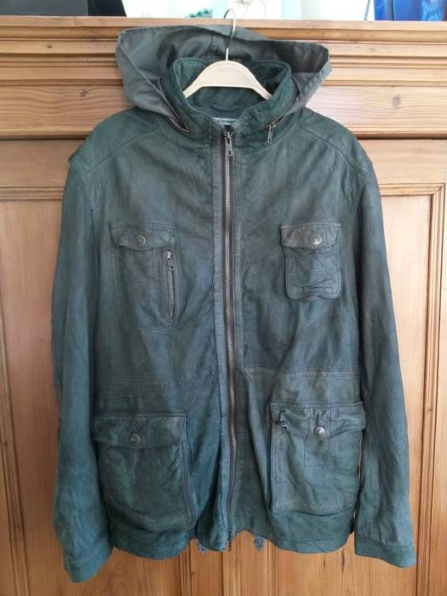 Drykorn - Real olive green leather hooded washed jacket size 46 48 - 1