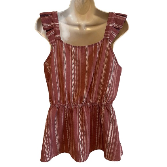 Monteau Pink Valentine Ruffle Strap Striped Print Peplum Top Size XL - 3