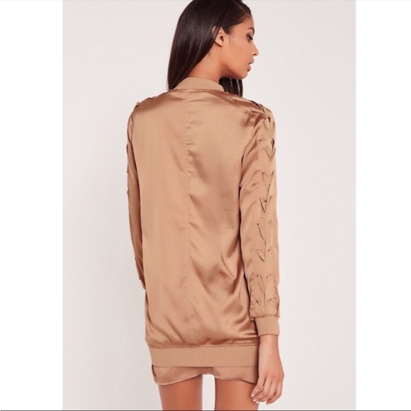 Carli Bybel x Missguided Longline Laceup Satin Bomber Jacket in Rose Gold - 3