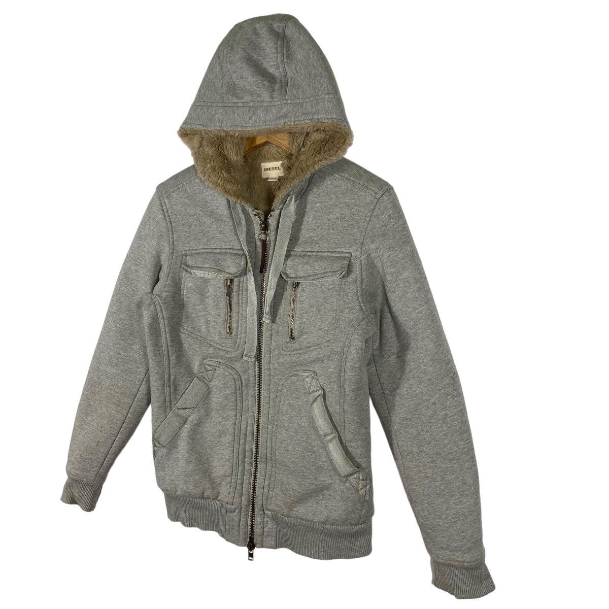 Diesel Heavyweight Faux Fur Gray Lined Hoodie Jacket - 2