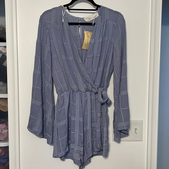 Vintage Havana Blue Eyelet Bell Sleeve Faux Wrap Romper - 1