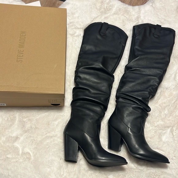 Steve Madden Landy Black Leather Over the Knee Western Boots - 1