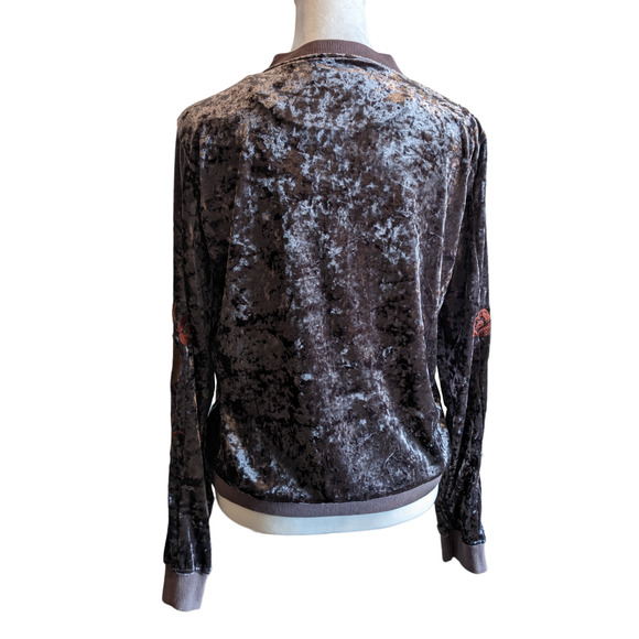 Hidden Alley Crushed Velvet Embroidered Zip Up Bomber Size Small - 3