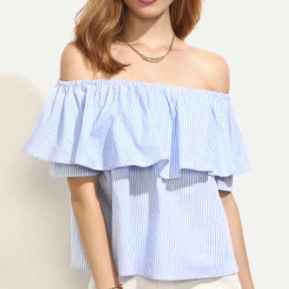 Love in - Blue + White Striped Off Shoulder Ruffle Top - 2