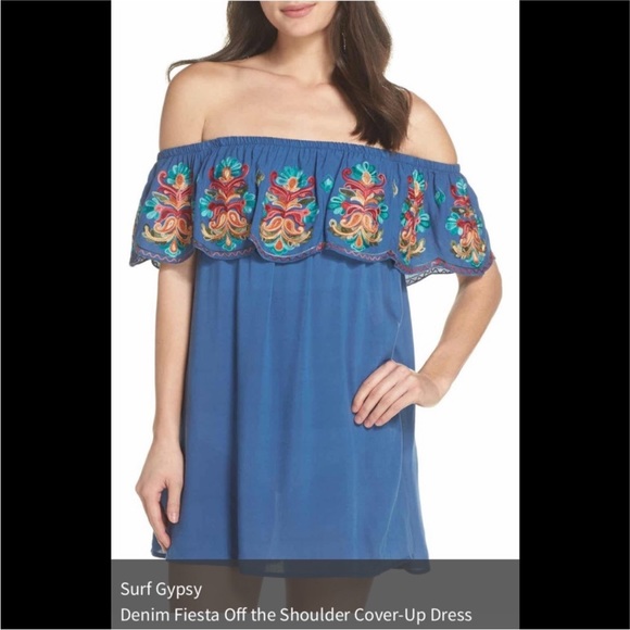 Surf Gypsy Embroidered Fiesta Mexican Style Off Shoulder Dress - 7