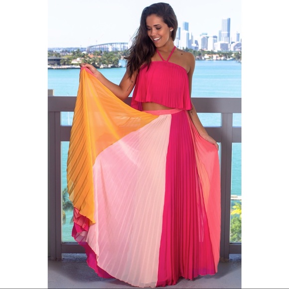 Aura - Pink Pleated Multi Color Two Piece Set Maxi + Crop - 4