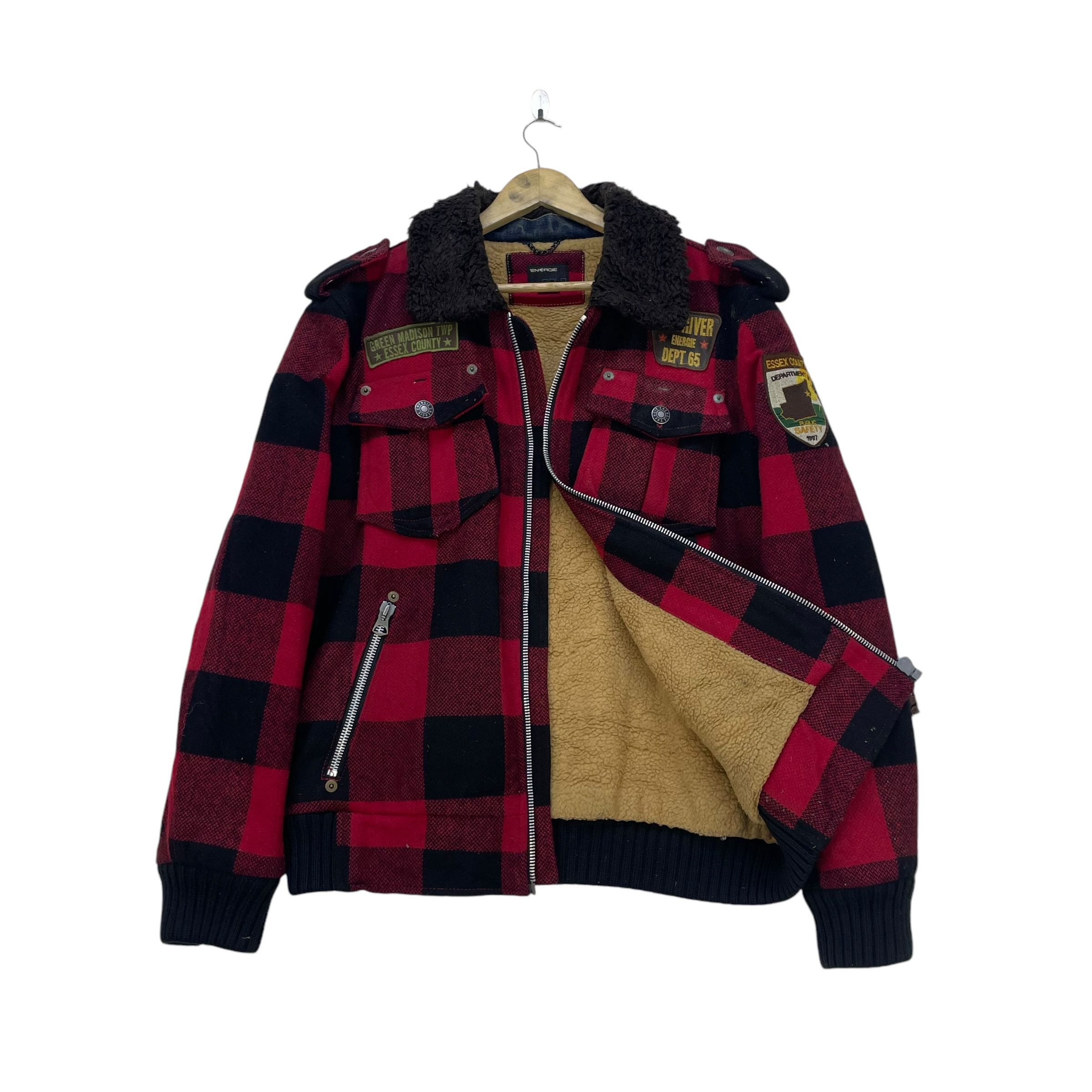Vtg Energie Gold X Sixty Fox River Pacth Buffalo Plaid Shearling Jacket - 2
