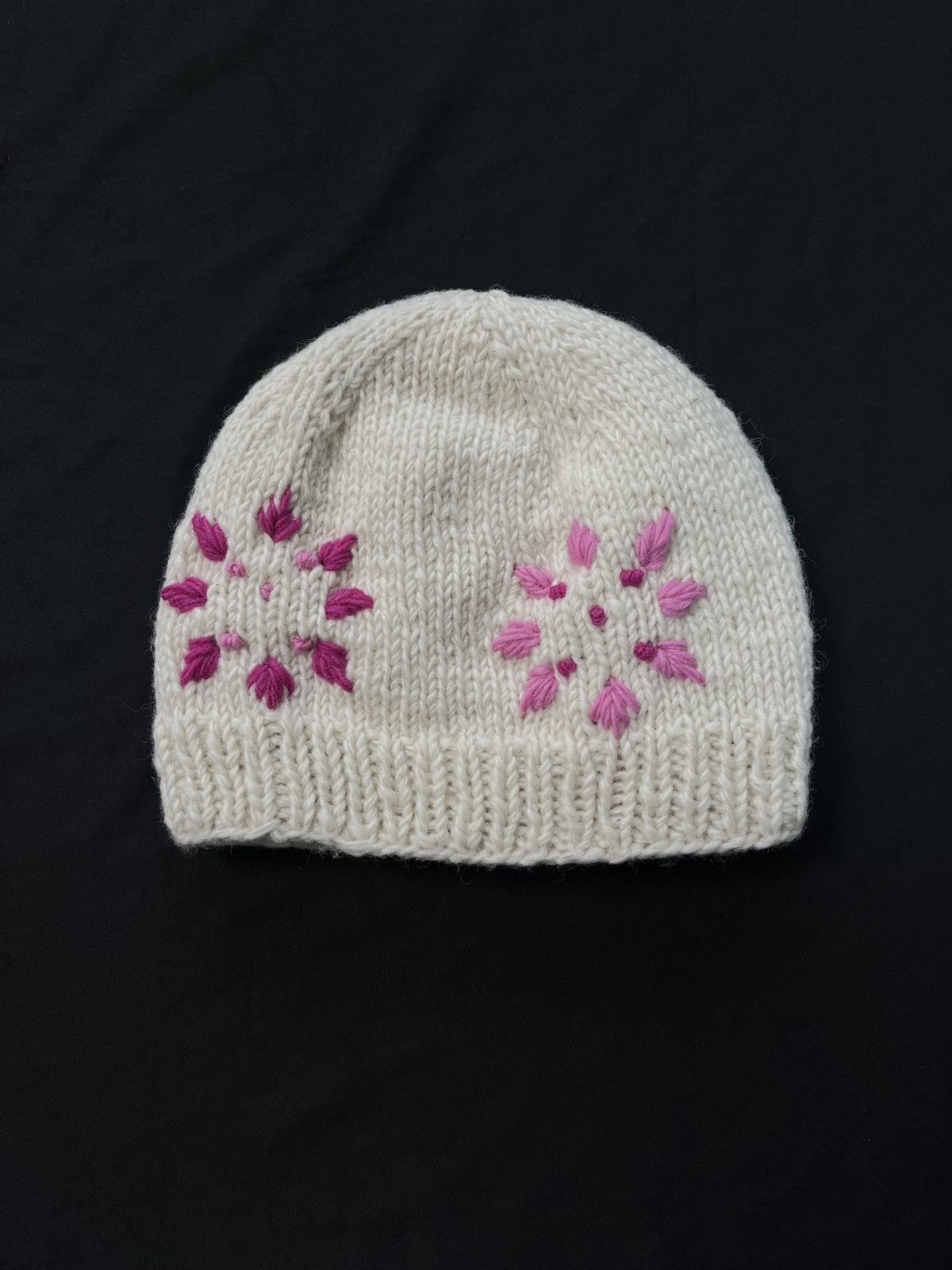 Rare Pink Flower Pattern Made in Nepal Handmade Beanie Hat - 4