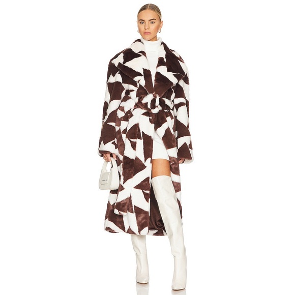 Ronny Kobo Collection - Ronny Kobo Ilia Faux Fur Coat in Ivory & Brown Triangle Diamond Print - 4