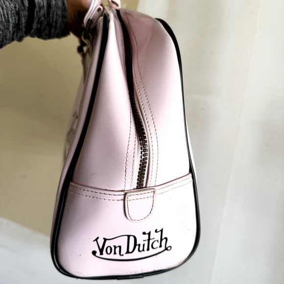 Vintage Von Dutch Leather Bowling Bag Y2k Hand Carry Zip Closure Light Pink - 3
