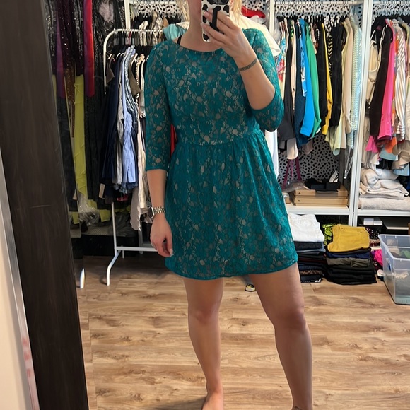 French Connection Lizzie Teal Lace 3/4 Sleeve Dress - 10