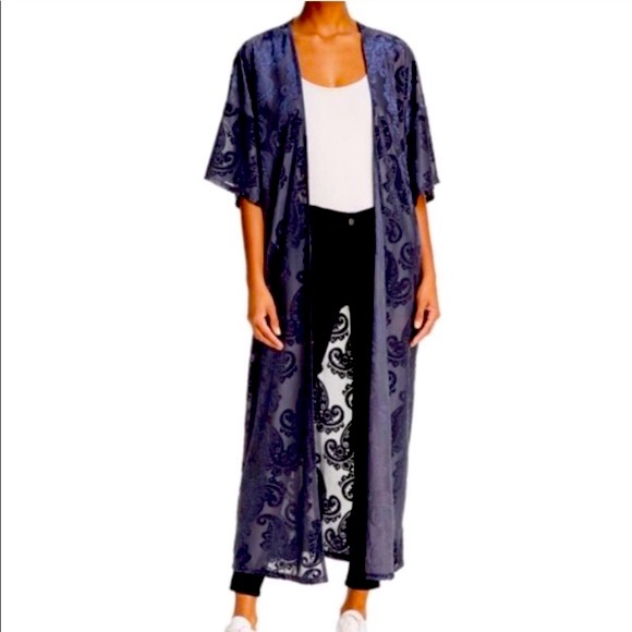 Vintage Havana Velvet Burnout Flower Duster Maxi Kimono Cardigan - 1