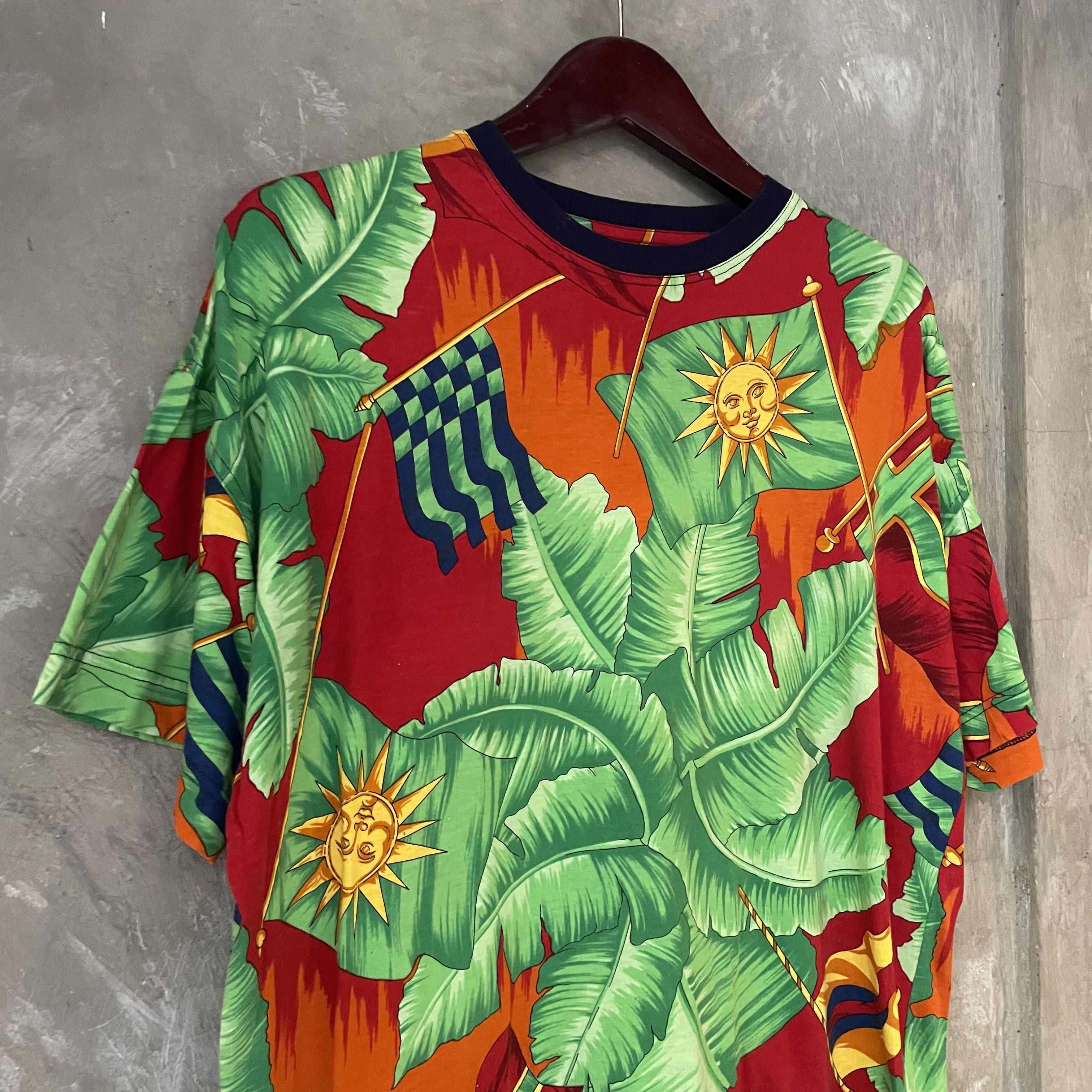 Vintage V2 By Versace Tropical Green Sun Flag Hawaiian T Shirt Multcolor Size S - 8