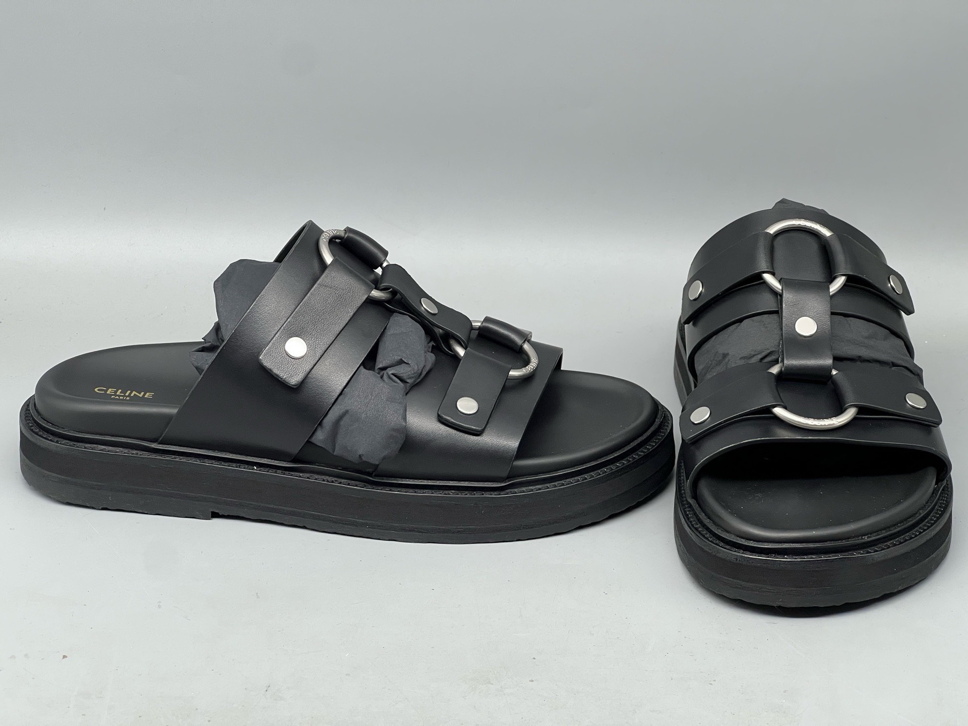 CELINE men's black round-toe flat flip flops - 2