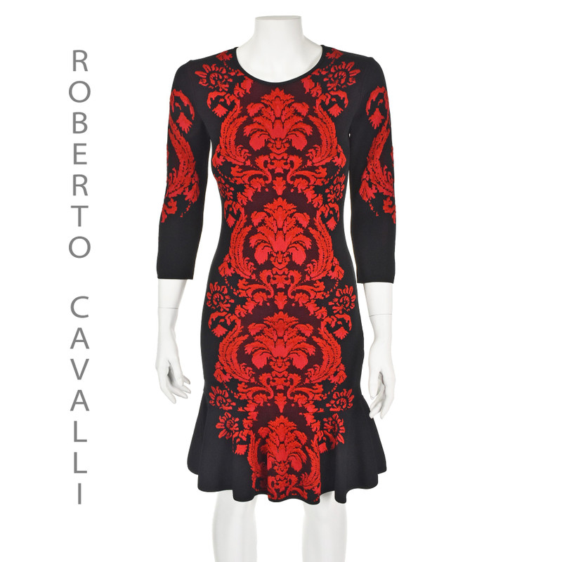 Red and Black Knit Mini Dress with Flounce  - 1
