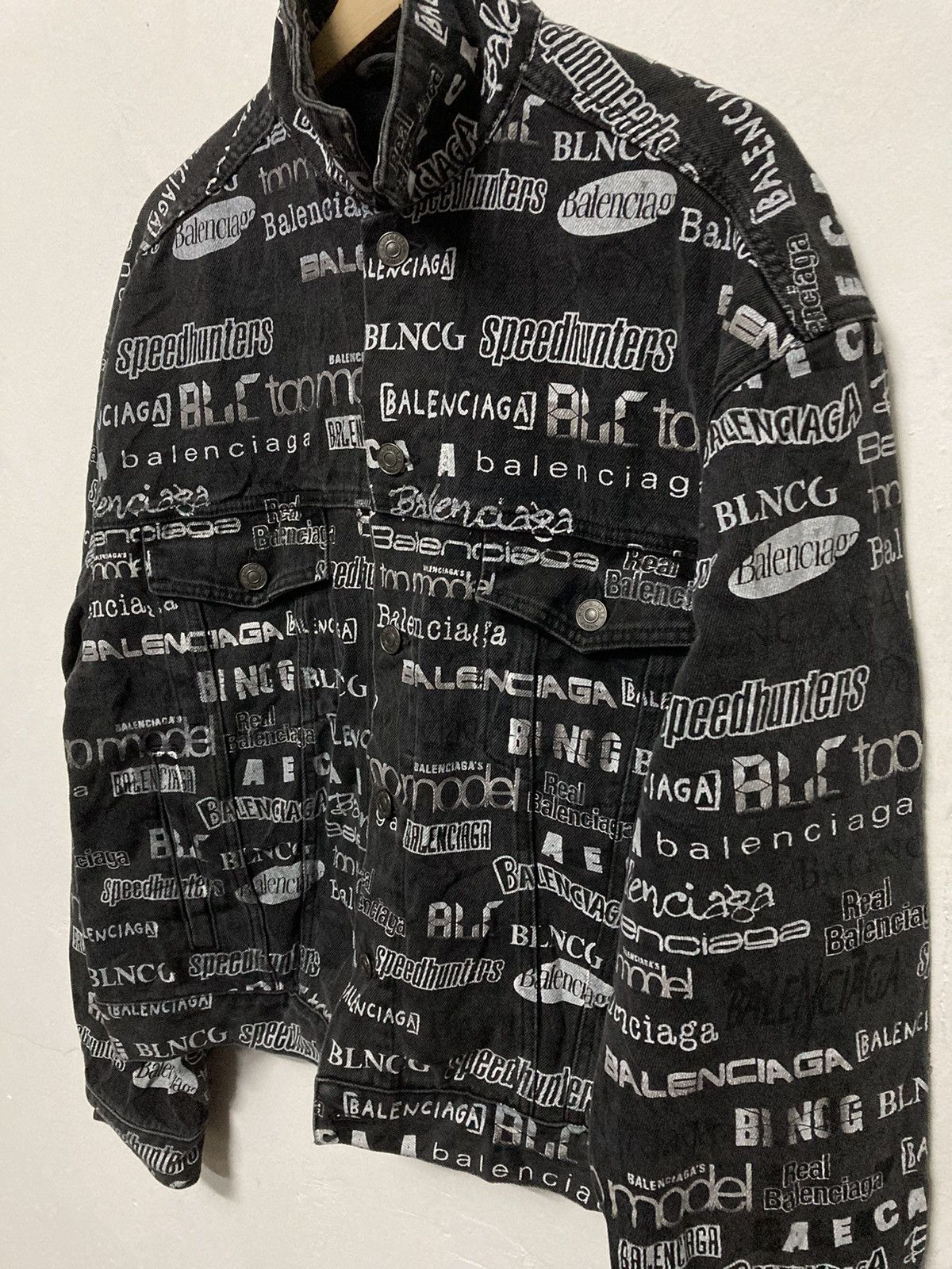 Authentic Balenciaga All Over Logo Printed Denim Jacket - 7