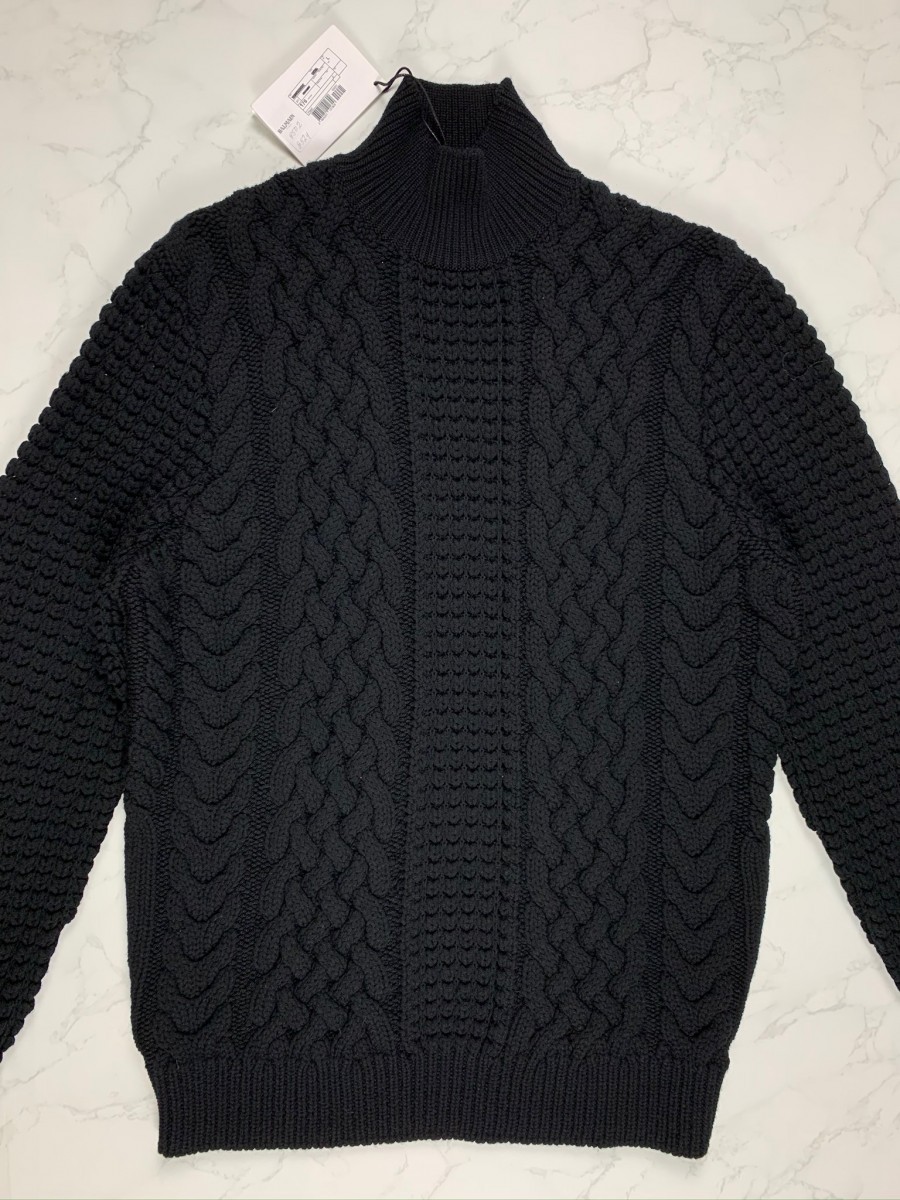 Balmain Black Wool Cable Knit Turtleneck - 4