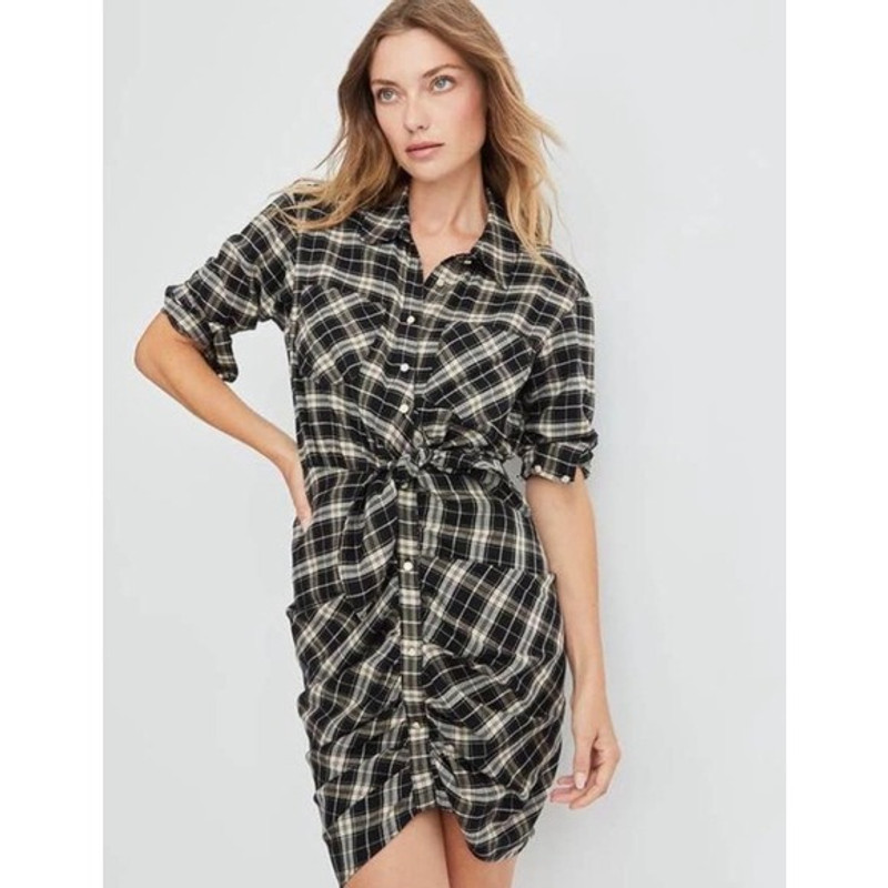 NWT Veronica Beard Sierra Plaid Flannel Ruched Shirt Dress Black Ecru Sz 2 $498 - 1